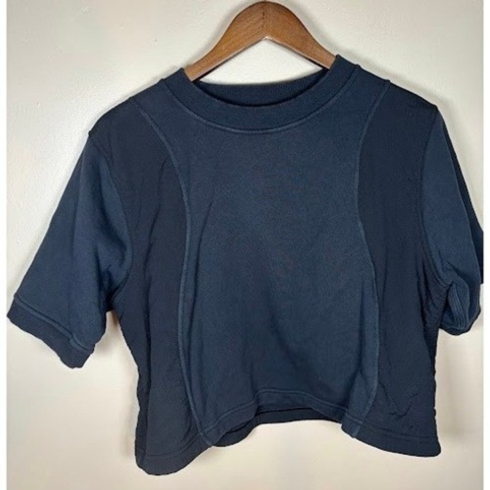 Lululemon Navy Blue Mixed Media Paneled Cropped Short Sleeve Sweatshirt Top